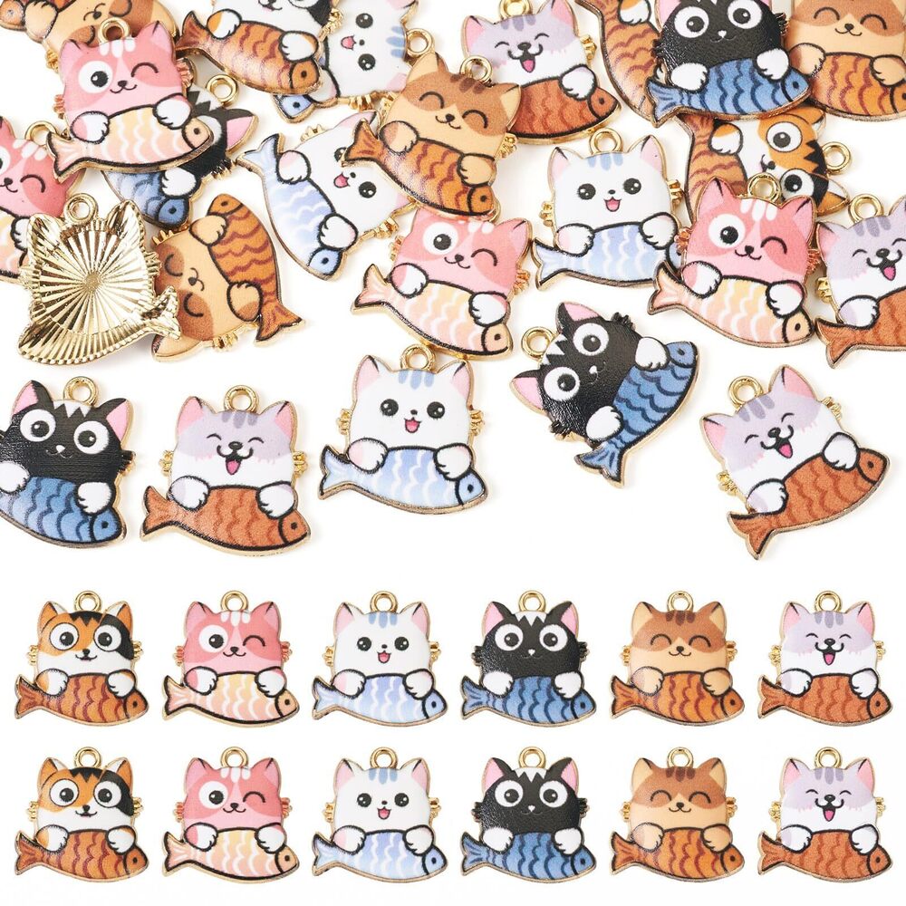 8072 Elecrelive 24Pcs Enamel Cat Charms Alloy Enamel Charms Cat with Fish